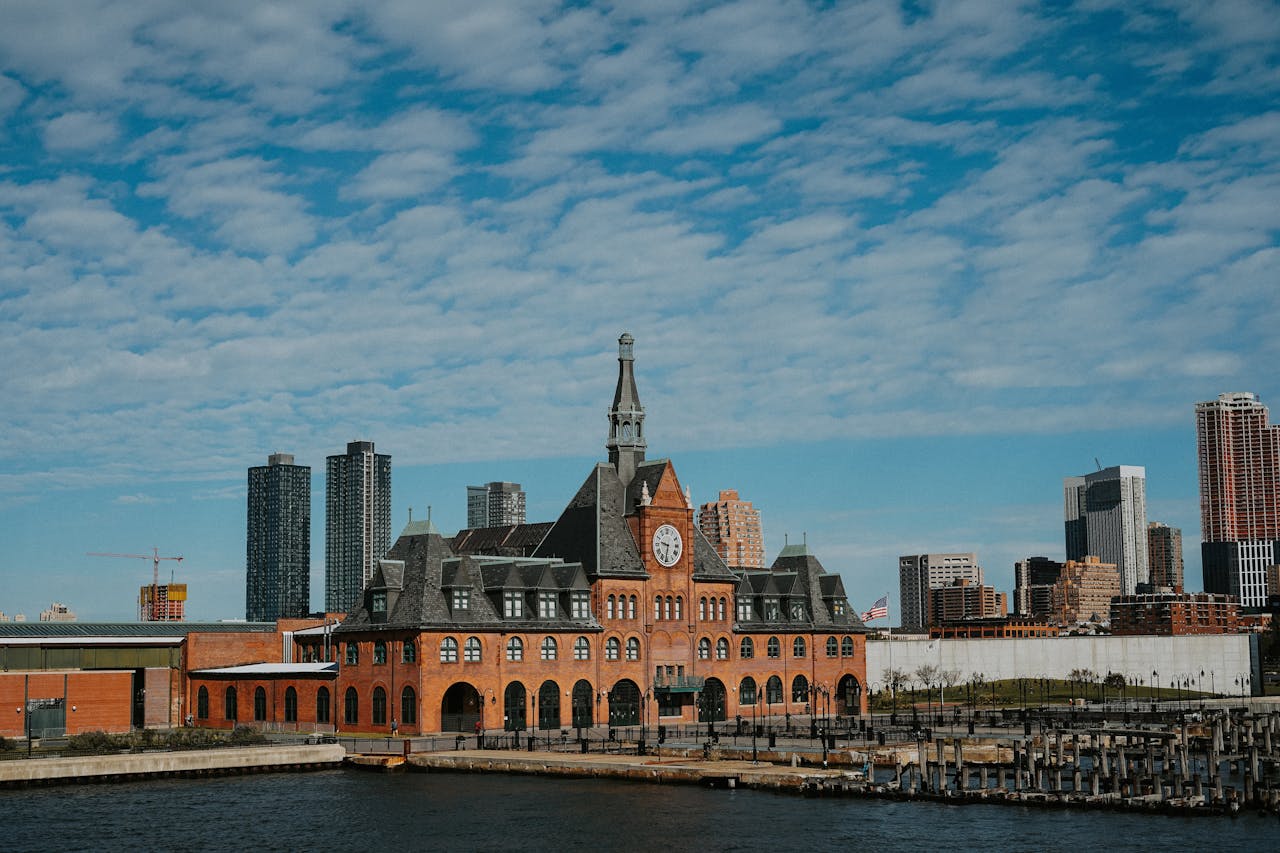 Scenic view of the historic Central Railroad of New Jersey Terminal with modern skyline in Jersey City.